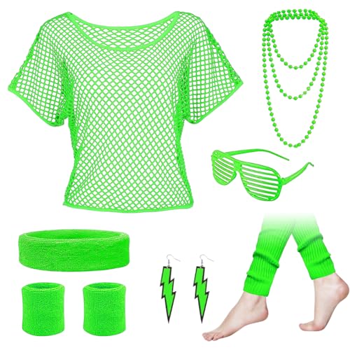 CEWROM 80er 90er Jahre Outfit Damen, Neon Netz Shirt, 80er 90er Jahre Kostüm Zubehör Set, 80er Kostüm Accessoires, Stirnband Beinwärmer Armbänder Halskette, für Karneval, Cosplay party,Themenparty von CEWROM