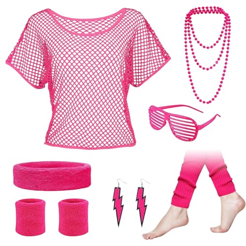 CEWROM 80er 90er Jahre Outfit Damen, Neon Netz Shirt, 80er 90er Jahre Kostüm Zubehör Set, 80er Kostüm Accessoires, Stirnband Beinwärmer Armbänder Halskette, für Karneval， Cosplay party,Themenparty von CEWROM