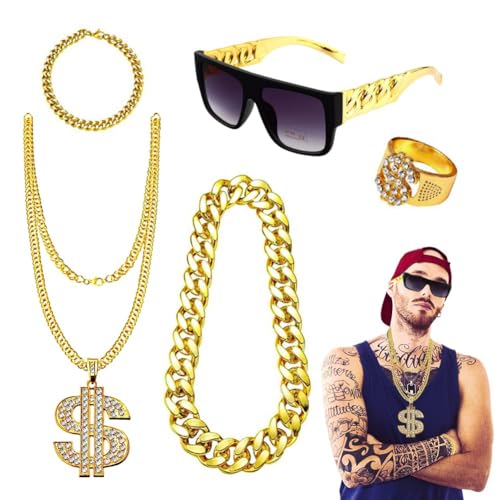 CEWROM Hip Hop Kostüm Set, 5 Stück Rapper Hiphop Kostüm, 80er 90er Jahre Outfit Herren Mottoparty Anzug, Dollar Kette & Ring Armband, Brille, Goldkette für Karneval Cosplay Fasching Party von CEWROM