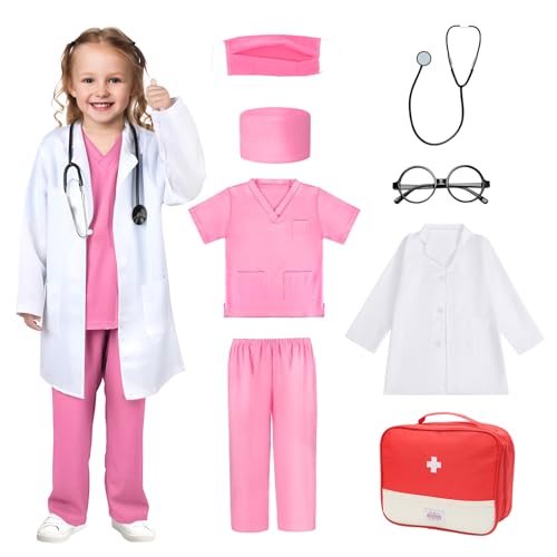 CEWROM Arztkoffer Kinder Kostüm, Arztkittel Kinder, Cosplay Arzt Kinder, Kinderkostüm Set mit Spielzubehör, Fasching Halloween Geschenke für Kinder Jungen Mädchen 3 4 5 6 7 8 9 10 Jahre (Rosa, 130) von CEWROM