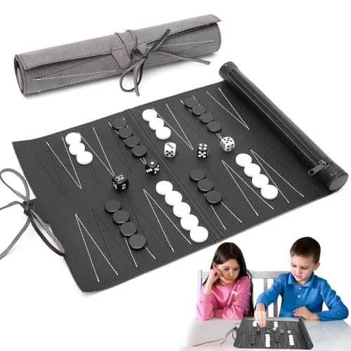 CEWROM Backgammon Set, Hergestellt Aus Kunstleder, Klassisches Backgammon Brettspiel Tragbares Reise Strategie Backgammon, Spiel Klassiker Tavla als Roll Brettspiel, Aufrollbar von CEWROM