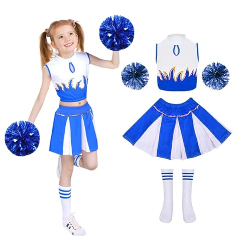 CEWROM Cheerleader Kostüm Kinder, Mädchen Cheer Leader Cheerleading Kostüm, Cheerleading Uniform Kleid mit Pompoms, Schulkind Cheer Kostüm Outfit für Karneval Halloween (Blau, 140) von CEWROM