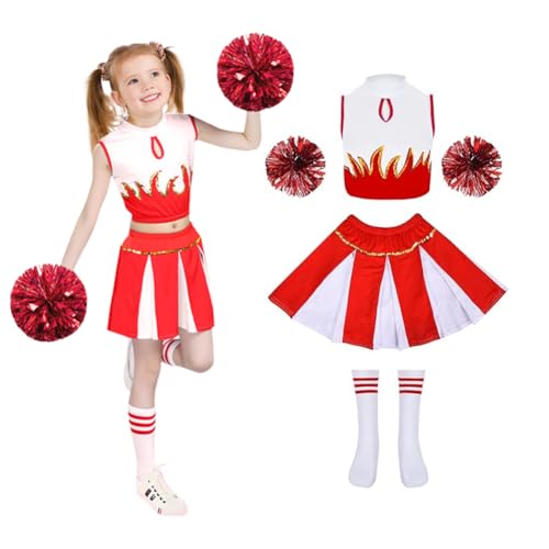 CEWROM Cheerleader Kostüm Kinder, Mädchen Cheer Leader Cheerleading Kostüm, Cheerleading Uniform Kleid mit Pompoms, Schulkind Cheer Kostüm Outfit für Karneval Halloween (Rot, 140) von CEWROM