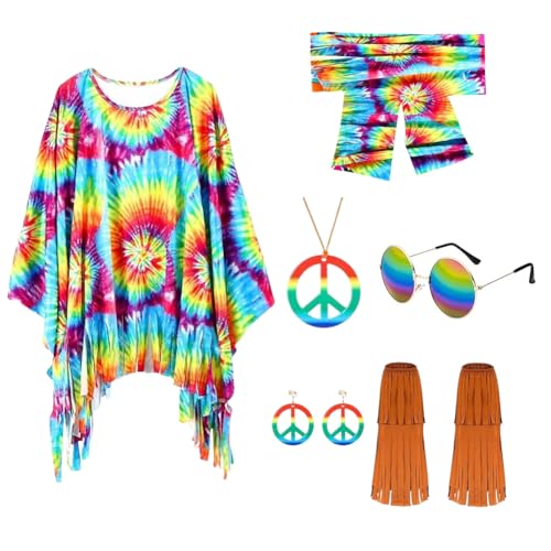 CEWROM Damen-Hippie-Kleid, 5 Stück 60er 70er Hippie Kostüm Set Damen Hippie, Damen Umhang Stiefelüberzüge Stirnband, Halloween Retro-Kleid, Disco-Outfit von CEWROM