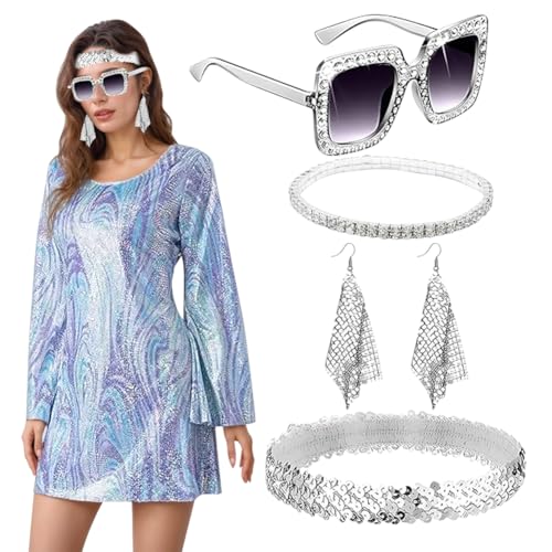 CEWROM Disco Kostüm Damen, 60er 70er Jahre Bekleidung Damen, Hippie KostüM Damen, Kleid Damen mit Mode Pailletten und Accessoires, Erwachsenenkostüm Disco Lady (L) von CEWROM