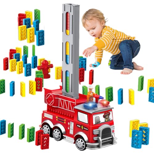 CEWROM Feuerwehrauto Spielzeug, Feuerwehr Spielzeug, Pädagogisches Spielzeug, 160 Stück Domino Spielzeug, Kinderbau und Stapelspielzeug für 3 4 5 6 7 Jahre alte Jungen und Mädchen von CEWROM