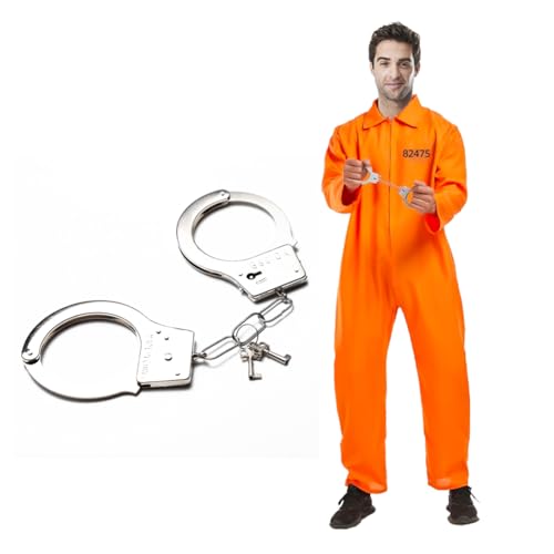 CEWROM Gefangener Kostüm Set, Orangenes Häftling Kostüm für Herren, Unisex Orange Sträfling Kostüm mit Handschellen, Overall Gefangenenkostüm für Karneval, Mottoparty, Faschingskostüme (M-L) von CEWROM