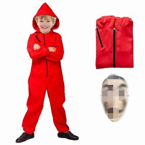 CEWROM Halloween Kostüm Bankräuber Overall, Kostüm Haus des Geldes für Kinder, Rot Langarm Strampler mit Kapuze,Cosplay Set Maske Und Maschinengewehr Fasching Kostüm (120 Yards) von CEWROM