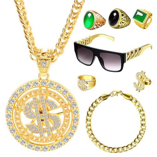 CEWROM Hip Hop Kostüm Set, 8 Stück Rapper Hiphop Kostüm, 80er 90er Jahre Outfit Herren Mottoparty Anzug, Dollar Kette & Ring Armband, Brille, Goldkette für Karneval Cosplay Fasching Party von CEWROM