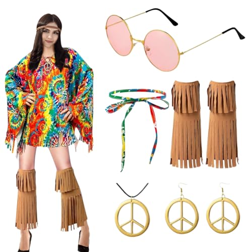 CEWROM Hippie Kleidung Damen,6 Stück Karneval Kostüm Damen, Hippie Kostüm Disco Outfit Damen 60er 70er Damen Zubehör Set Hippie Kostüm Set für Karneval, Cosplay, Motto-Party, Kostümpart von CEWROM