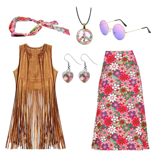 CEWROM Hippie Kleidung Damen Rock Set, 60er 70er Jahre Outfit, Damen Mädchen Braun Fransen Weste Hippie Disco Fancy Dress up Kostüm, Fransenweste Hippie Accessoires Karneval Faschingskostümek (M) von CEWROM