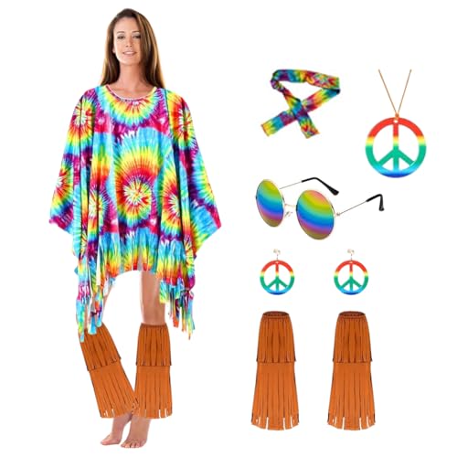 CEWROM Hippie Kostüm Damen, 60er 70er Jahre-Outfits, Damen Kleidung Zubehör mit Hippie Poncho Outfit Faschingskostüme Mädchen Boho Hippie Kostüm für Halloween Karneval Disco Party Cosplay von CEWROM