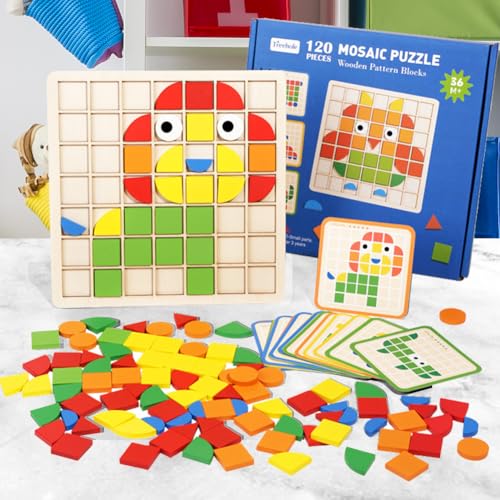 CEWROM Holzpuzzle für Kinder, 120pcs Kreative Mosaik-Puzzle,Hölzerne Muster Blöcke Set,Form Matching Game,Montessori-Spielzeug ab 3 4 5 6 Jahre,Tangram Kinder Geometrische Formen HolzPuzzles von CEWROM