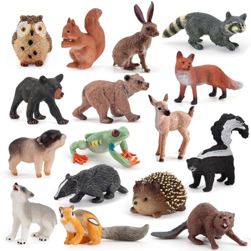 CEWROM Kleine Tierfiguren für Kinder, Waldtiere Figuren Spielzeug Set, Dschungel Zoo Tiere Figuren, 16 Stück Mini Tiere Figuren, Fuchs Grauwolf Waschbär Mini Tierfiguren für Wald-Themen-Kuchenaufsätze von CEWROM