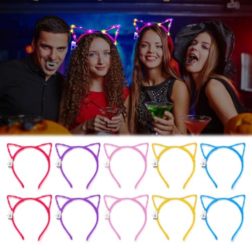 CEWROM LED Katzenohren Stirnband 10PCS, Haarreifen Blinkend, Leucht Kopfbedeckung, Stirnband Leuchtend für Mädchen, Festival Kopfschmuck für Weihnachten Halloween Fasching Party Hochzeit Dekor von CEWROM