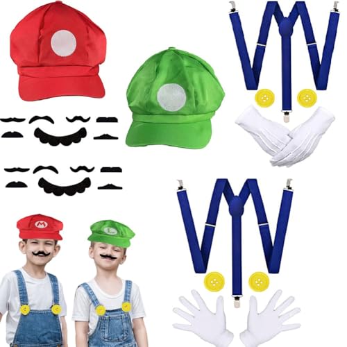 CEWROM Mario und Luigi Kostüm Damen Herren, Super Brothers Kostüm Zubehör, Super Bros Kostüm für Cosplay, Super Bros Hut Schnurrbart Handschuhe Knöpfe Hosenträger Set für Erwachsene Kinder Karneval von CEWROM