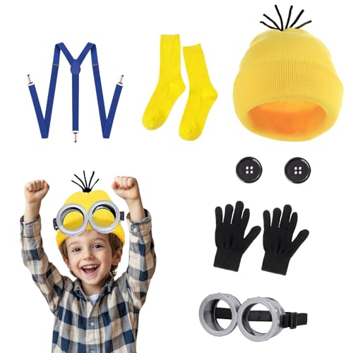 CEWROM Minion Kostüm Zubehör, Gelbes Kostüm Set für Cosplay, Steampunk Brille Gelbe Hut Schwarze Handschuhe Socken Knopf Riemen Set, Faschingskostüm für Karneval Cosplay Party für Damen Herren Kinder von CEWROM