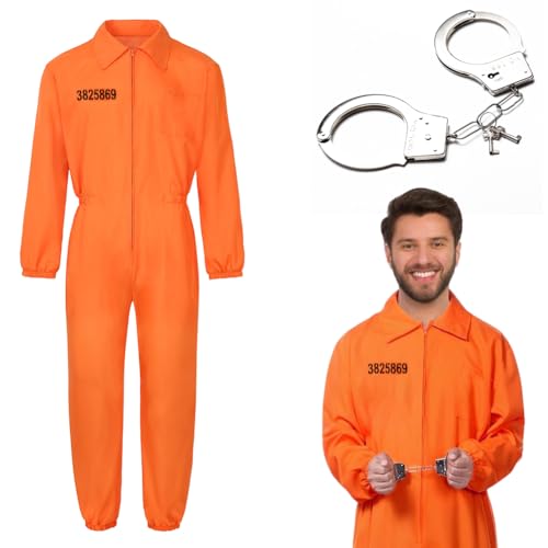 CEWROM Orangener Häftling Prisoner Insasse Jailbird Overall, Gefängnis Kostüm mit Handschellen, Sträfling Kostüm für Herren und Damen, Verbrecher Kostüm für Cosplay Karneval Party Deko (L) von CEWROM