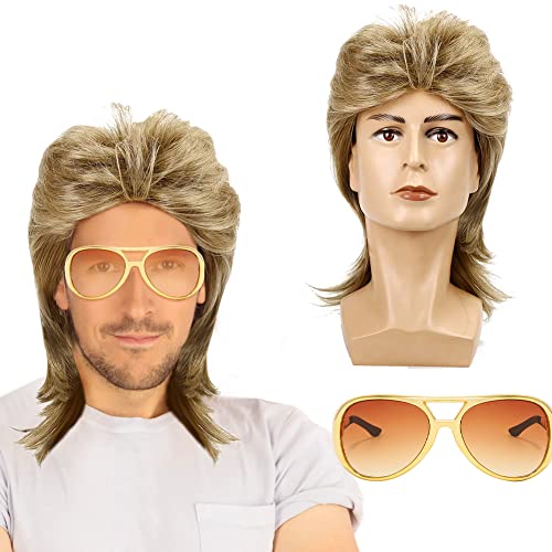 CEWROM Perücke Männer Gold, 80er Mullet Perücke Herren, 80/90er Rapper Zubehör, Blonden Perücke Sonnenbrille Set, Punk Popstar Perücke für Karneval,Cosplay,Motto-Party,Halloween Kostüm Party von CEWROM