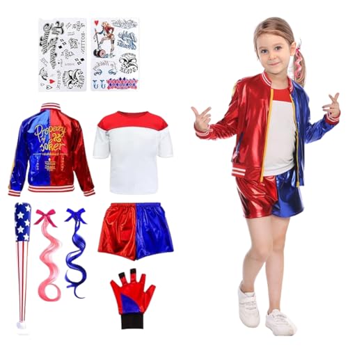 CEWROM Quinn Kostüme Kinder,Halloween Karneval Cosplay Kostüm,Mädchen Bösewicht Suicide Clown Kostüm Kit mit Jacke,T-Shirt,Shorts,Handschuh Perücken Tattoo Baseballschläger für Karneval Cosplay (150) von CEWROM