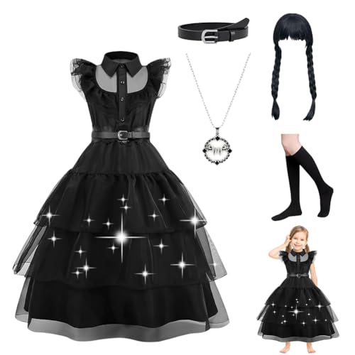 CEWROM Schwarz Kostüm Mädchen, Karneval Kostüm Kinder, Lange Kostüm Kleid, Cosplay Outfit Gothic Prinzessin Kostüme, Wed Kostüm mit Zubehör für Kinder Familie Prinzessin Karneval Cosplay Party (140) von CEWROM