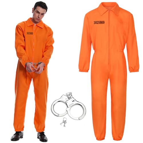 CEWROM Sträfling Kostüm für Damen oder Herren, Classic Orange Prisoner Overall, Jumpsuit Boiler Convict Prison Suit mit Handschellen, für Karneval, Fasching & Halloween (M) von CEWROM