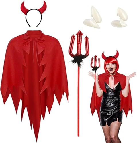 CEWROM Teufel Kostüm Damen, Karneval Kostüme Teufel Damen, Teufel Umhang Damen, 109cm Rot Teufel Umhang, mit Teufelswinkel und Teufelsdreizack, für Cosplay Fasching Mottoparty Halloween von CEWROM