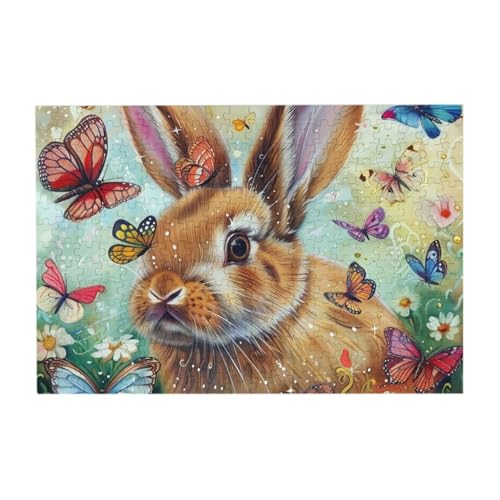 Aquarell-Hase mit bunten Schmetterlingen, Puzzle aus Fotos, 300 Teile Puzzles für Erwachsene, Kunst, herausfordernde Puzzles für Heimdekoration von CFAN