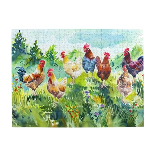 Aquarell-Hühner im grünen Feld, 500-teiliges Puzzle für Erwachsene und Kinder, robuste Teile, herausforderndes Familienspiel, tolle Geschenkidee von CFAN