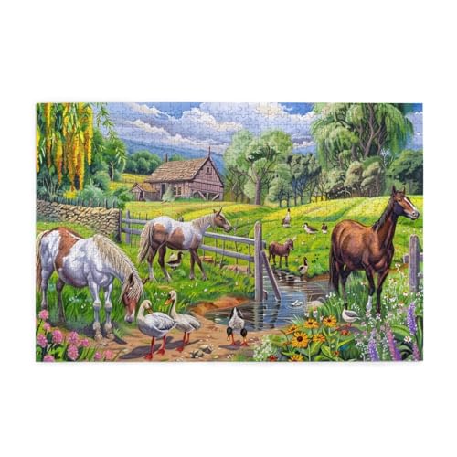 Bauernhofszene mit Pferden und Enten Puzzles für Erwachsene/Kinder, 1000 Teile Puzzle für Familie Weihnachten Geburtstag, Geschenk für Männer Frauen von CFAN