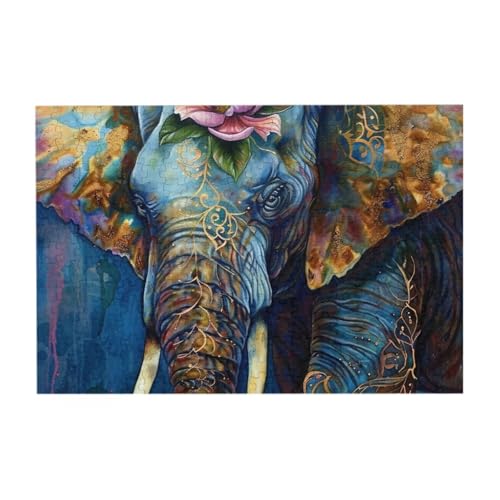 Blauer Elefant mit Blumenpuzzle aus Fotos, 300 Teile Puzzles für Erwachsene Kunst, herausfordernde Puzzles für Wohnkultur von CFAN