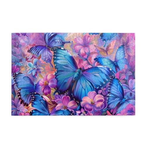 Blauer Schmetterling und lila Blumen Puzzles für Erwachsene/Kinder, 1000 Teile Puzzle für Familie Weihnachten Geburtstag, Geschenk für Männer Frauen von CFAN