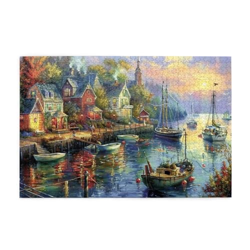 Boote und Häuser Malerei Puzzles für Erwachsene/Kinder, 1000 Teile Puzzle für Familie Weihnachten Geburtstag Geschenk für Männer Frauen von CFAN