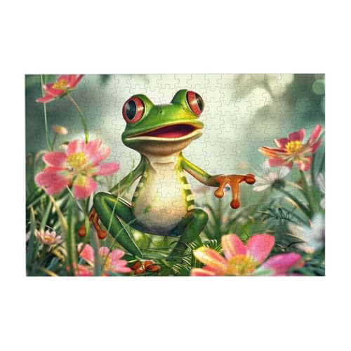 Frosch im Gras mit Blumen Puzzle aus Fotos, 300 Teile Puzzles für Erwachsene Kunst, herausfordernde Puzzles für Wohnkultur von CFAN