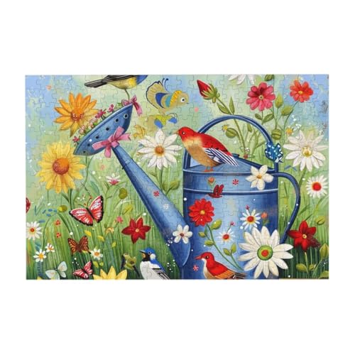 Gießkanne mit Blumen und Vögeln Puzzle aus Fotos, 300 Teile Puzzles für Erwachsene Kunst, herausfordernde Puzzles für Wohnkultur von CFAN