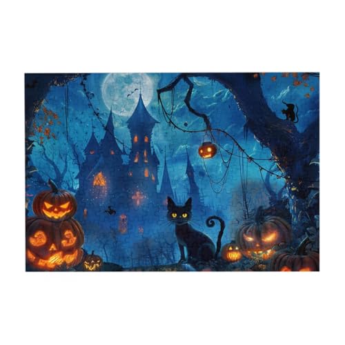 Gruseliger Wald Halloween Kürbisse Laterne Schloss Puzzle aus Fotos, 300 Teile Puzzles für Erwachsene Kunst, Herausfordernde Puzzles für Wohnkultur von CFAN