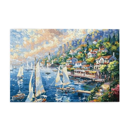 Hafen gefüllt mit Booten Malerei Puzzles für Erwachsene/Kinder, 1000 Teile Puzzle für Familie Weihnachten Geburtstag Geschenk für Männer Frauen von CFAN