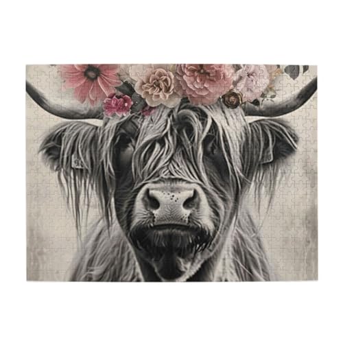 Highland Cow Floral 500 Teile Puzzle für Erwachsene und Kinder, stabile Teile, herausforderndes Familienspiel, tolle Geschenkidee von CFAN