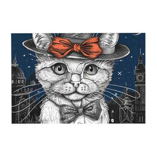 Katze mit Hut und Fliege Puzzle aus Fotos, 300 Teile Puzzles für Erwachsene Kunst, herausfordernde Puzzles für Heimdekoration von CFAN