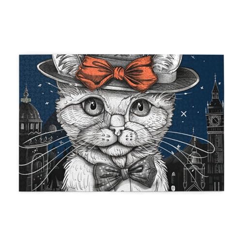 Katze mit Hut und Fliege Puzzles für Erwachsene/Kinder, 1000 Teile Puzzle für Familie, Weihnachten, Geburtstag, Geschenk für Männer Frauen von CFAN