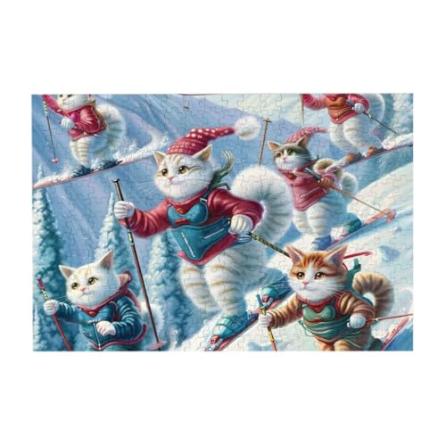 Katzen Skifahren auf der Schneestange 300 Teile Holzpuzzle Herausforderung Puzzle Kreatives Geschenk für Jugendliche und Erwachsene von CFAN