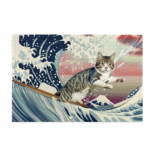 Lustige Katze auf Surfbrett Reitwelle Puzzles für Erwachsene/Kinder, 1000 Teile Puzzle für Familie Weihnachten Geburtstag Geschenk für Männer Frauen von CFAN