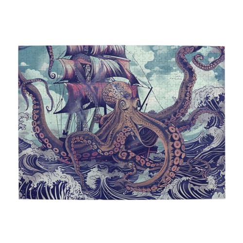 Octopus Attacking Ship in Ocean Wave 500 Piece Puzzles, Challenging Family Game Jigsaw Puzzles Funny Puzzle for Adults and Kids von CFAN