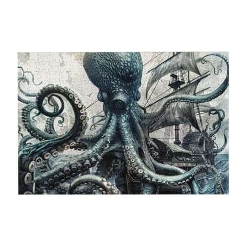 Oktopus und Schiff 300 Teile Holzpuzzles, Herausforderung Puzzle Kreatives Geschenk für Jugendliche und Erwachsene von CFAN