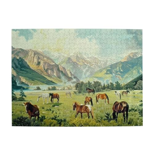 Pferde im Feld mit Bergen 500 Teile Puzzles, herausforderndes Familienspiel Puzzles, lustiges Puzzle für Erwachsene und Kinder von CFAN