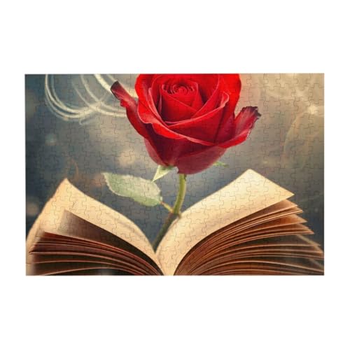 Romantische Rose auf Buch, 300-teiliges Puzzle für Kinder, anspruchsvolle Familien-Puzzle-Spiele, Puzzle als Wandkunst-Dekor von CFAN