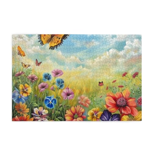 Schmetterling fliegt über Blumen Feldpuzzles für Erwachsene/Kinder, 1000 Teile Puzzle für Familie Weihnachten Geburtstag, Geschenk für Männer Frauen von CFAN