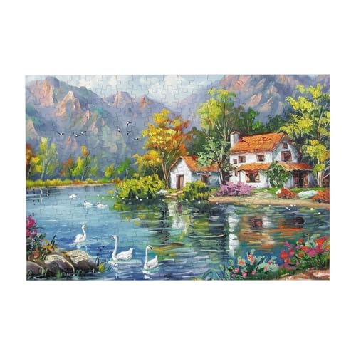 See mit Schwänen und Haus Ölgemälde Puzzle aus Fotos, 300 Teile Puzzles für Erwachsene Kunst, Herausfordernde Puzzles für Wohnkultur von CFAN