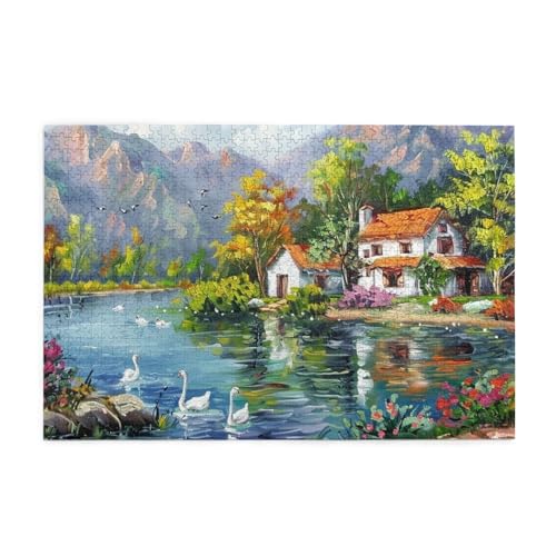 See mit Schwänen und Haus Ölgemälde Puzzles für Erwachsene/Kinder, 1000 Teile Puzzle für Familie Weihnachten Geburtstag Geschenk für Männer Frauen von CFAN