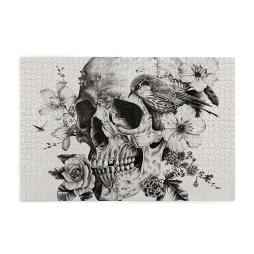 Totenkopf mit Blumen und Vogel Puzzles für Erwachsene/Kinder, 1000 Teile Puzzle für Familie Weihnachten Geburtstag, Geschenk für Männer Frauen von CFAN